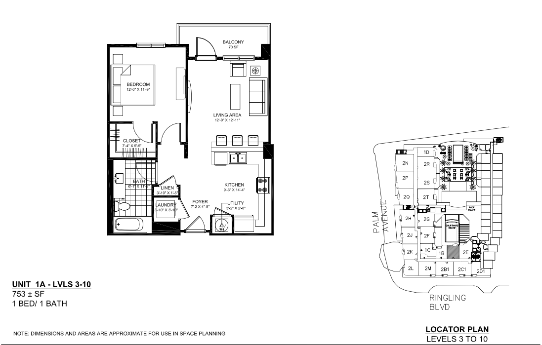 Floor plan for 1 bed, 1 bath, 740 sqft